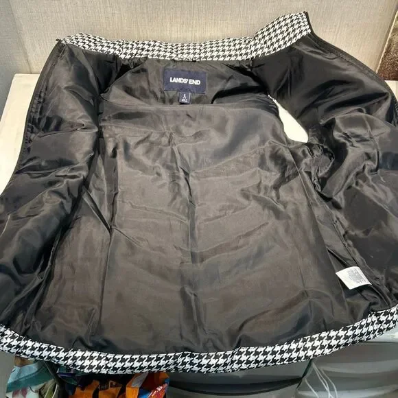 Lands' End Puffer Vest Womens Sz Small 6-8 Black White Houndstooth Check Zip Fro - Picture 5 of 8